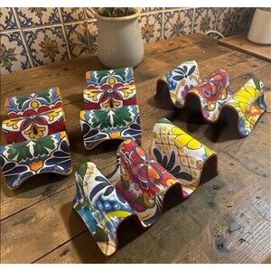 Prepara Taco Holders Set of 4 Talavera Style Red Yellow Melamine 2-3 Tacos Each